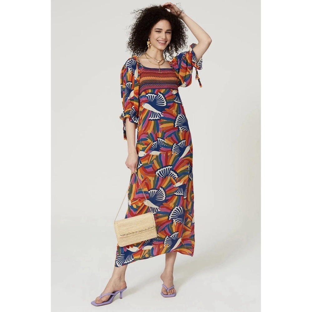FARM RIO Rainbow Toucan Bird Print Smocked Maxi Dress M READ